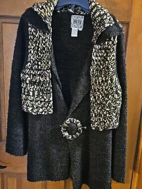 CURIO COPYRIGHT BROWN & Cream Textured Knit Women's Sweater Cardigan EUC